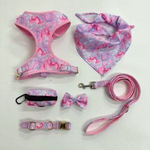 Coordinated dog harness, collar, leash and matching accessories collection