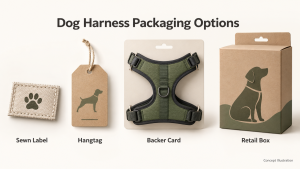 Concept illustration of sewn label, hangtag, backer card and retail box options for dog harness packaging