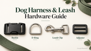 Concept illustration of buckle, D-ring, leash clip and adjuster options for custom dog harnesses and leashes
